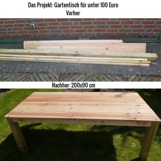 Vorher und Nachherbild vom Holz und Gartentisch